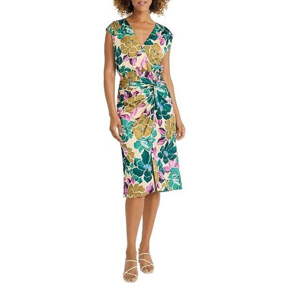 Maggy London Floral Printed Charmeuse V-Neck Cap Sleeve Drape Dress sz 4 - Picture 1 of 7